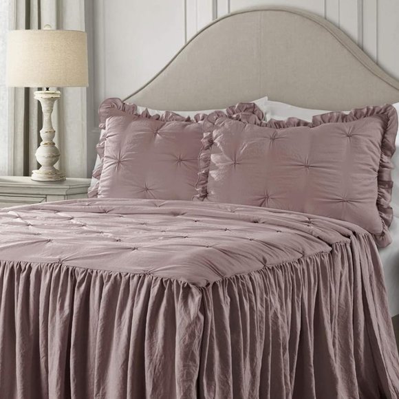 Mauve Queen Size Bed Bedspread Shams Set Soft Neutral Lavender Pink Cottage Chic - Picture 1 of 10